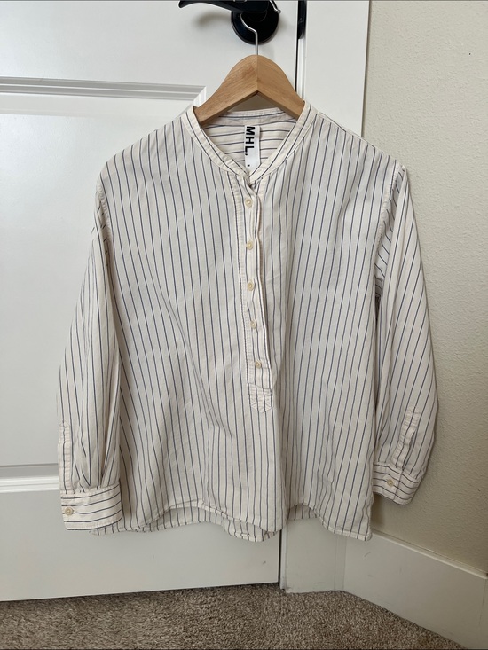 Margaret Howell Tops - MHL. Striped Band Collar Button-Up Shirt in Cream & Navy